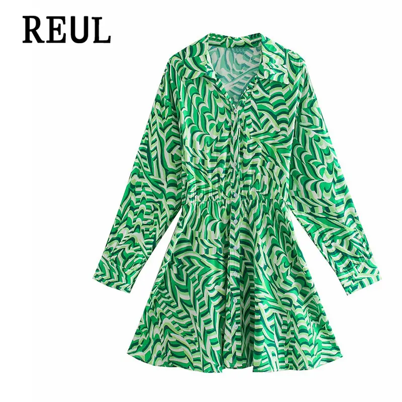 REUL 2021 Za Ženy Módy Zelené Tričko Prúžok Voľné Mini Šaty Vintage 3/4 Rukáv Tlačidlo Elastický Pás Ženské Šaty Mujer